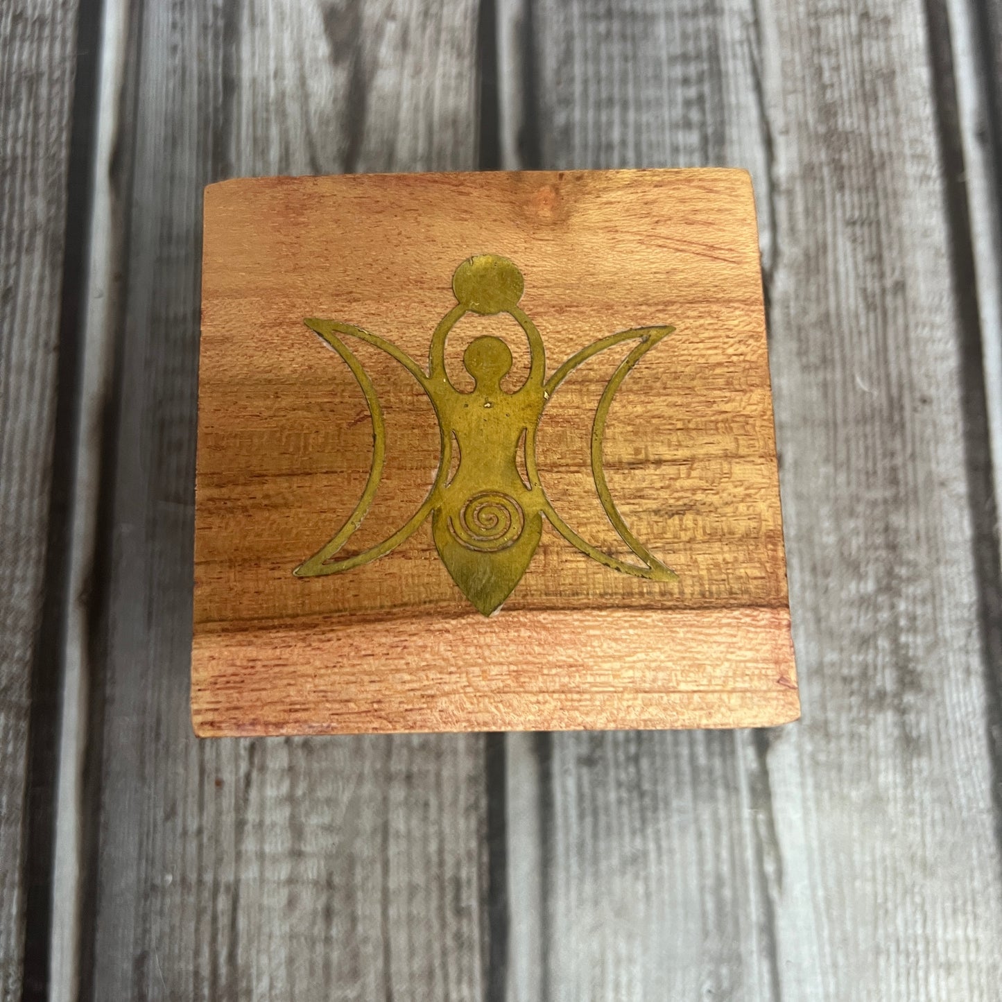 Wood Trinket Box Velvet Lined Brass Inlay