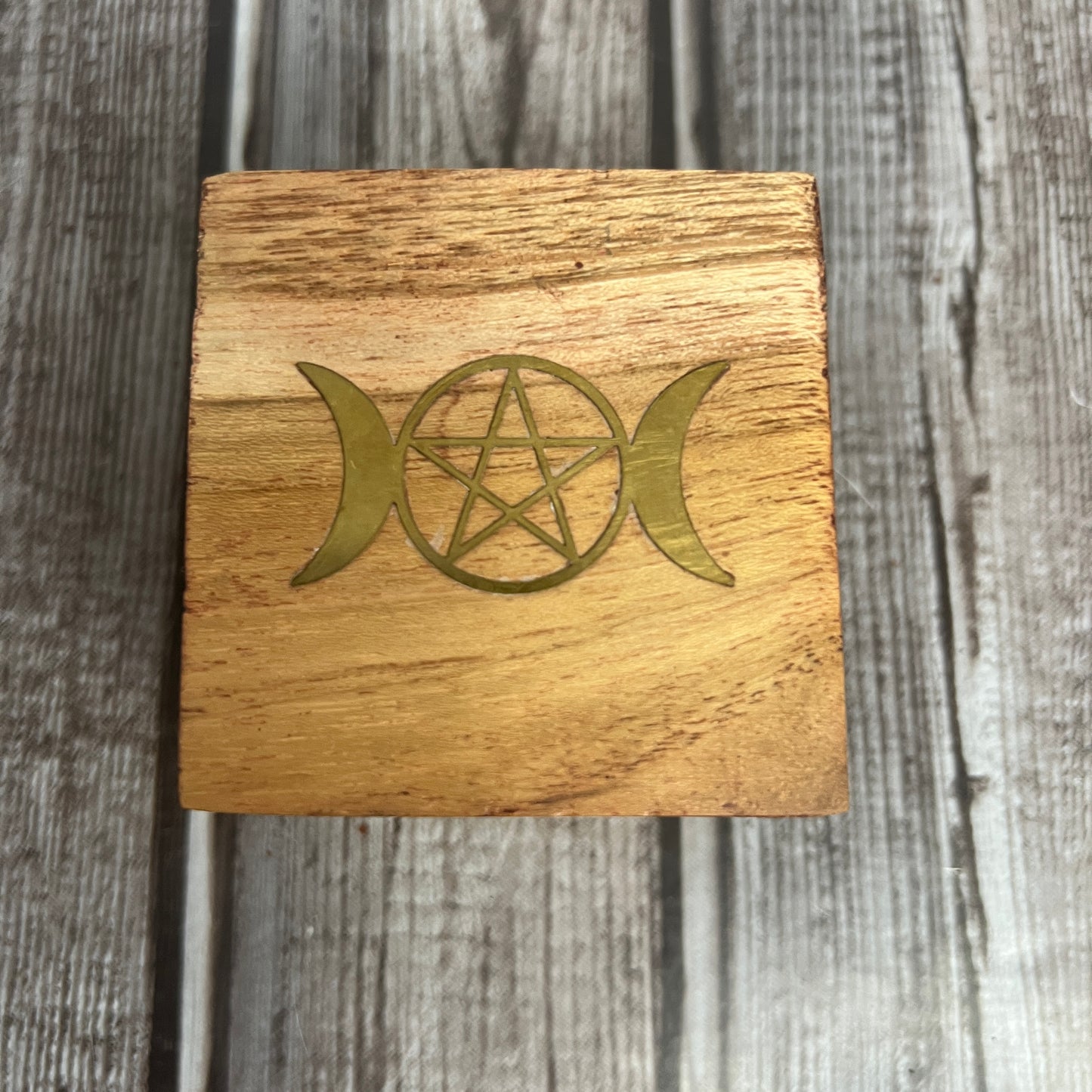 Wood Trinket Box Velvet Lined Brass Inlay