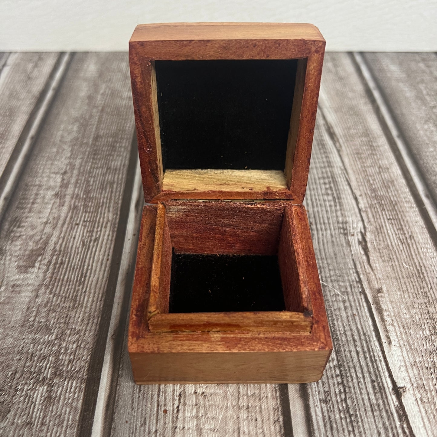 Wood Trinket Box Velvet Lined Brass Inlay