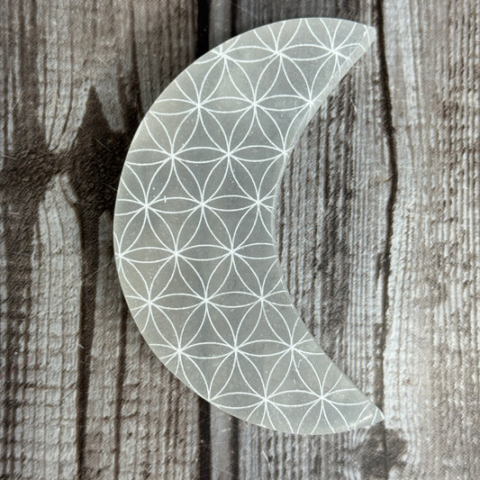 Selenite Moon with Etching