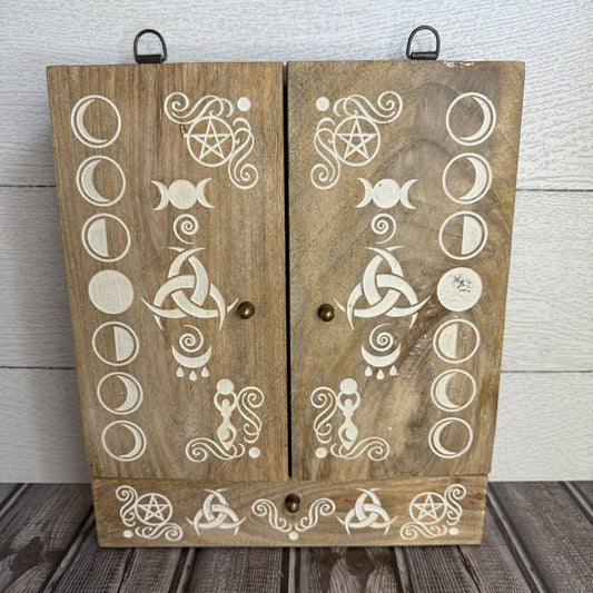 Laser Engraved Wood Altar Cabinet Pagan Moon Phases