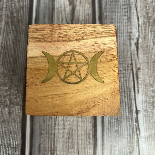 Wood Trinket Box Velvet Lined Brass Inlay